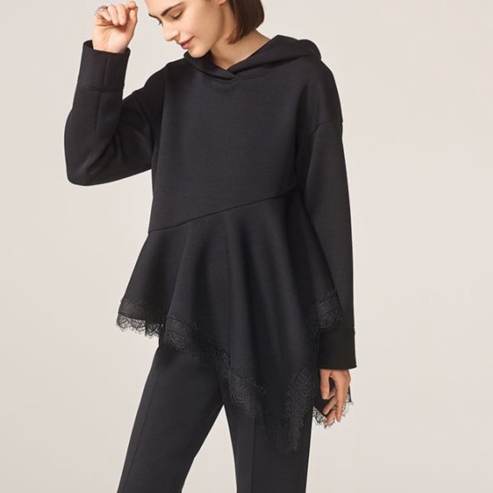 ADEAM Japan NYC Intermix “Lydia” black editorial hoodie top lace trim L